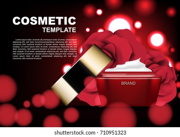 Cosmetic ads template, opened red cosmetic cream with roses on dark red background and glitter lights