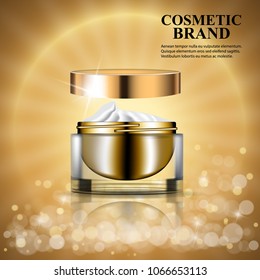 Cosmetic ads template poster with golden container for skin care cream. Vector 3d illustration for design  placard, presentation, banners and cover.