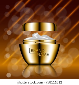 Cosmetic ads template poster with golden container for skin care cream. Vector 3d illustration for design  placard, presentation, banners and cover.