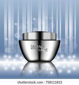 Cosmetic ads template poster with metallic container for skin care cream. Vector 3d illustration for design  placard, presentation, banners and cover.