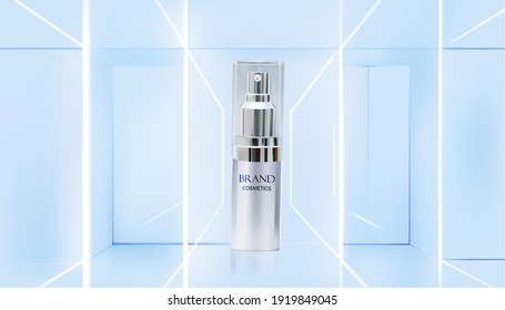 Cosmetic ads template, cosmetic product with wavy light abstract background.3D vector illustration.