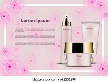 Cosmetic ads template, cosmetic products with pink camellia and white frame