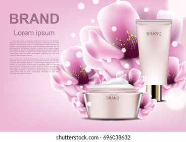 Cosmetic ads template, cosmetic products with pink blooming flowers