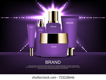 Cosmetic ads template, purple cosmetic set and shining lights, glitter lights