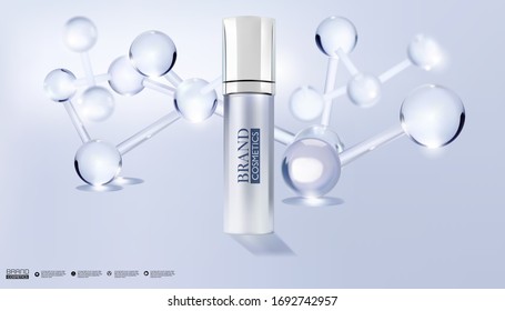 Cosmetic ads template. Realistic Cosmetic bottle sillver with a molecule background.