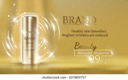 Cosmetic ads template, Realistic Cosmetic bottle. Container for skin care product, serum and other cosmetics bottle mockup on dazzling background. Golden foil and bokeh elements. 3D illustration.