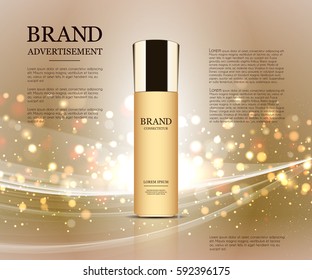 Cosmetic ads template, Realistic Cosmetic bottle. Container for cream, foams and other cosmetics bottle mockup on dazzling background. Golden foil and bokeh elements. 3D illustration.