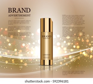 Cosmetic ads template, Realistic Cosmetic bottle. Container for cream, foams and other cosmetics bottle mockup on dazzling background. Golden foil and bokeh elements. 3D illustration.