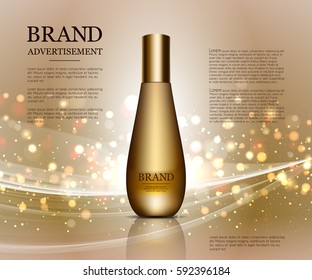 Cosmetic ads template, Realistic Cosmetic bottle. Gold parfume bottle mockup on dazzling background. Golden foil and bokeh elements. 3D illustration.