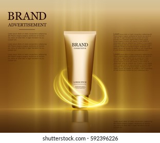 Cosmetic ads template, Realistic Cosmetic bottle. Container for cream, foams and other cosmetics bottle mockup on dazzling background. Golden light round elements. 3D illustration.