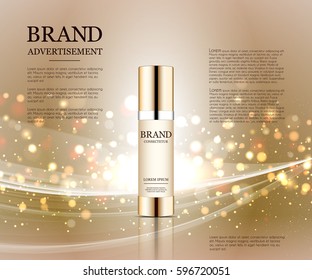 Cosmetic ads template, Realistic Cosmetic bottle. Container for cream, foams and other cosmetics bottle mockup on dazzling background. Golden foil and bokeh elements. 3D illustration.