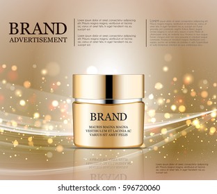 Cosmetic ads template, Realistic Cosmetic bottle. Container for cream, foams and other cosmetics bottle mockup on dazzling background. Golden foil and bokeh elements. 3D illustration.