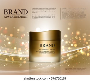 Cosmetic ads template, Realistic Cosmetic bottle. Container for cream, foams and other cosmetics bottle mockup on dazzling background. Golden foil and bokeh elements. 3D illustration.