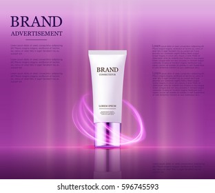 Cosmetic ads template, Realistic Cosmetic bottle. Container for cream, foams and other cosmetics with lights and glitter elements on the background, 3d illustration