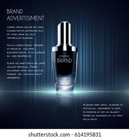 Cosmetic ads template, Realistic Cosmetic bottle. Container for cream, foams and other cosmetics with lights and glitter elements on the background, 3d illustration
