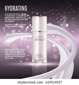 Cosmetic ads template, Realistic Cosmetic bottle. Container for cream, foams and other cosmetics with lights and glitter elements on the background, 3d illustration
