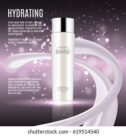 Cosmetic ads template, Realistic Cosmetic bottle. Container for cream, foams and other cosmetics with lights and glitter elements on the background, 3d illustration