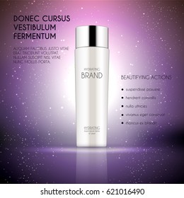 Cosmetic ads template, Realistic Cosmetic bottle. Container for cream, foams and other cosmetics with lights and glitter elements on the background, 3d illustration