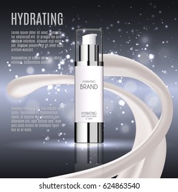 Cosmetic ads template, Realistic Cosmetic bottle. Container for cream, foams and other cosmetics with lights and glitter elements on the background, 3d illustration