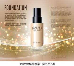 Cosmetic ads template, Realistic Cosmetic bottle. Container for cream, foundation, foams and other cosmetics bottle mockup on dazzling background. Golden foil and bokeh elements. 3D illustration.