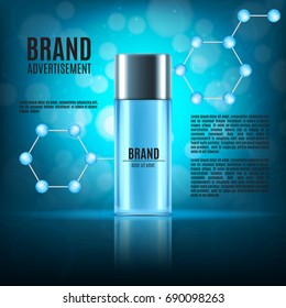 Cosmetic ads template. Realistic cosmetic bottle on a purple glitter background. Design for ads or magazine. 3d illustration. EPS10 vector