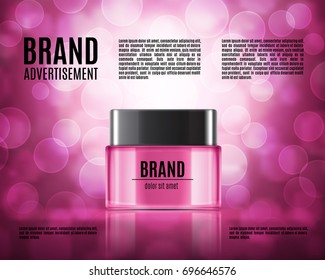 Cosmetic ads template. Realistic cosmetic bottle on a background with bokeh elements. Design for ads or magazine. 3d illustration. EPS10 vector.