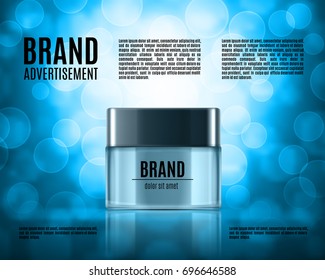 Cosmetic ads template. Realistic cosmetic bottle on a background with bokeh elements. Design for ads or magazine. 3d illustration. EPS10 vector.