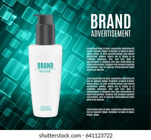 Cosmetic ads template. Realistic container for cream or foam on a blue background with glitter, bokeh and glowing elements. 3d illustration. EPS10 vector