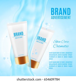 Cosmetic ads template. Realistic container for moisturizing cream on a blue background with water splash elements. 3d illustration. EPS10 vector