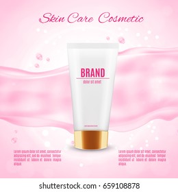 Cosmetic ads template. Realistic container for moisturizing cream on a pink background with splash elements. 3d illustration. EPS10 vector