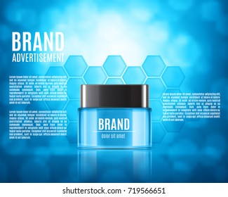 Cosmetic ads template. Realistic cosmetic container on a background with bokeh elements. Design for ads or magazine. 3d illustration. EPS10 vector