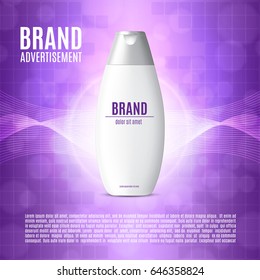 Cosmetic ads template. Realistic shampoo bottle on a background with bokeh elements. Design for ads or magazine. 3d illustration. EPS10 vector