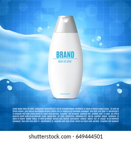 Cosmetic ads template. Realistic shampoo bottle on a background with bokeh elements. Design for ads or magazine. 3d illustration. EPS10 vector