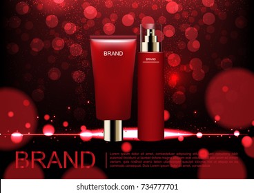 Cosmetic ads template, red bokeh and small glitter light with cosmetic set on dark background