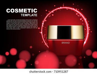 Cosmetic ads template, red cosmetic cream with circle red light and small glitter lights