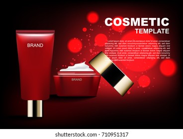 Cosmetic ads template, red cosmetic cream with red background and red bubble lights