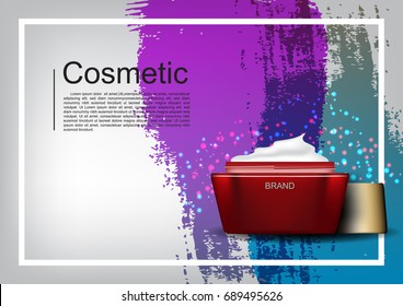 Cosmetic ads template, red cosmetic set on abstract paint background
