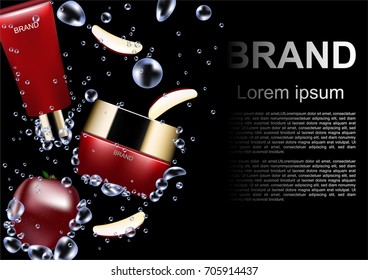 Cosmetic ads template, red cosmetic set sinking in water