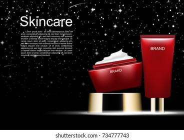 Cosmetic ads template, red cosmetic set with starry night background