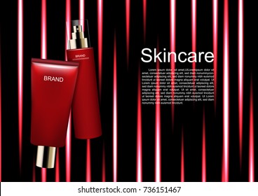 Cosmetic ads template, serum and cream with vertical lines on dark background