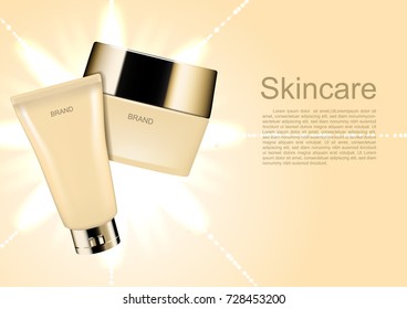 Cosmetic ads template, cosmetic set with abstract glowing lights background