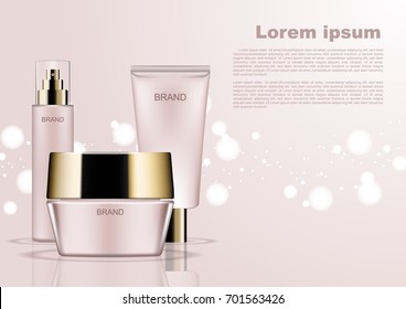 Cosmetic ads template, cosmetic set with bubble light on pink background