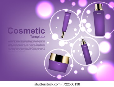 Cosmetic ads template, cosmetic set in circles and small bubble lights