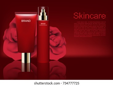 Cosmetic ads template, cosmetic set with red charming roses