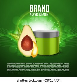 Cosmetic ads template. Skin care cosmetic cream based avocado oil. Vector illustration for cosmetic ads or magazine. EPS10