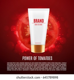 Cosmetic ads template. Skin care cosmetic cream. Moisturizing cream based tomatoes. Vector illustration for cosmetic ads or magazine. EPS10 vector