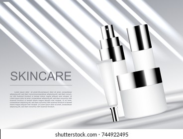 Cosmetic ads template, skincare set with shining light on white background
