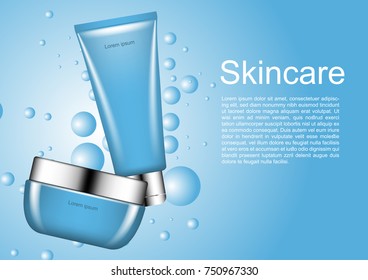 Cosmetic ads template, skincare set with blue bubble light