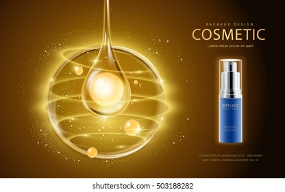 Cosmetic Ads Template, Cosmetic Spray Bottle With Pearl In The Essence Oil Drop. 3D Illustration For Fashion Magazine Or Ads.