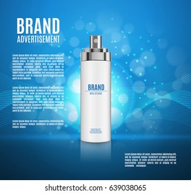 Cosmetic ads template. Spray bottle on a glitter background. 3D illustration. Design for ads or magazine. EPS10 vector